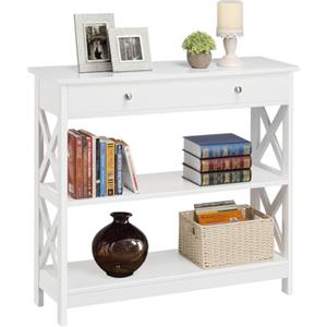 Yaheetech Tavolo da Console con Ripiani e Cassetti, Tavolino Vintage, Mobile Ausiliario in Legno, per Soggiorno, Ingresso, Corridoio, Bianco, 80 x 30 x 80 cm