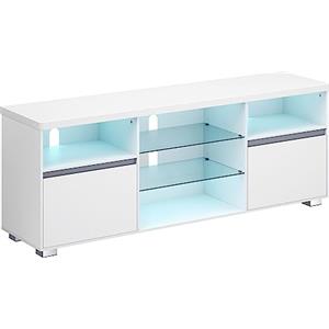 VASAGLE Mobile TV con Luci LED, Tavolino Porta TV Moderno per Televisione fino a 70 Pollici, con Ripiani di Vetro Aperti, 2 Scomparti con Ante, 160 cm, Soggiorno, Camera da Letto, Bianco LTV331T10