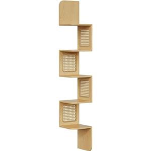 VASAGLE Libreria Angolare, Mensola Angolare da Muro a 5 Ripiani, Mensola a Zigzag, Lati in Rattan PVC, Salvaspazio, Cucina Camera da Letto Soggiorno, Stile Boho, Beige Rovere LLS582Y57