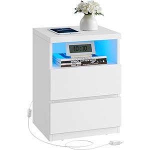 VASAGLE Comodino con LED Regolabile, Tavolino con Cassetti, Cassettiera, per Camera da Letto, Soggiorno, Stile Moderno, Bianco Nuvola LET634W01
