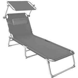 TecTake® Lettino, Sedia a Sdraio con Parasole, Schienale Regolabile in 4 Posizioni, Rivestimento Resistente, Giardino, Spiaggia, Lettino da Sole, Lettino pieghevole - Grigio