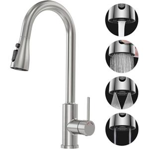 SREWOHS PRO Rubinetto Lavello Cucina,Miscelatore con Estraibile, 4 Modalità,Rotazione a 360°,Flessibile,Arco alto(227mm),Alta Pressione,1 foro,G3/8,Maniglia singola Acciaio inox Rubinetti,Nichel