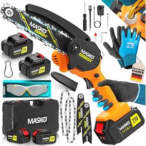 MASKO® Mini motosega con batteria da 8000 mAh | motosega elettrica con 2 batterie da 4000 mAh, potatura da potatura, motosega da 800 W, 8 Pollici - Nero/Arancione