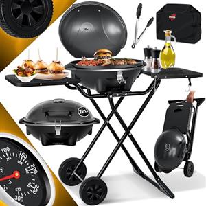 KESSER® Barbecue elettrico da tavolo 2 in 1, con coperchio, max. 2400 Watt, pieghevole, termostato, rivestimento antiaderente, 2 ruote, con copertura e pinza
