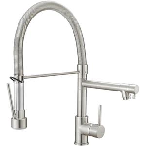Timaco - Rubinetto da cucina per lavello ad alta pressione, con molla a spirale e blocco, doccetta estensibile, orientabile a 360°, miscelatore monocomando, nickel spazzolato