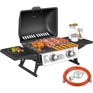Outsunny Barbecue a Gas in Acciaio, Piastra a Gas Smaltato a 2 Bruciatori da 2.8kW, Griglia Barbecue Portatile da Tavolo con Vassoio Raccogli Grasso, Coperchio con Termometro, Regolatore, Tubo, Nero