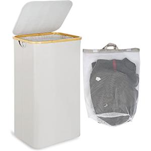 efluky Portabiancheria sporca Grande, Cesto Portabiancheria Grande con Coperchio, cesto per panni sporchi XXL 100 Litri con Manici in bambù per Vestiti, Pieghevole Cesta Panni Sporchi, Chiaro Grigio