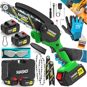 MASKO® Mini motosega con batteria da 8000 mAh | motosega elettrica con 2 batterie da 4000 mAh, potatura da potatura, motosega da 800 W, 8 Pollici - Nero/Verde
