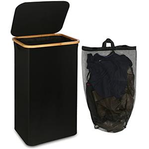 efluky Cesto Portabiancheria Grande con Coperchio, cesta Portabiancheria cesto panni sporchi Alto 100 Litri con Manici in bambù per Vestiti, Pieghevole XXL porta biancheria sporca Nero