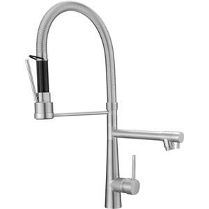 Timaco, Grande rubinetto da cucina con molla a spirale, 56,8 cm, girevole a 360° con due beccucci, rubinetto da cucina e ugelli manuali, alta pressione, nichel spazzolato