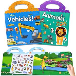 AIRNOGO Stickers Bambini Attacca Stacca 2 Pack Animali e Auto Libro Adesivi Attacca e Stacca Bambini, Adesivi Bambini Riutilizzabile, Adesivi Statico Impermeabile PVC, Regalo Bambina o Bambino di 3 4 5 6 Anni