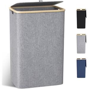 DHWDS Cesto Portabiancheria Sporca Grande -100L Cesto Biancheria Sporca per Bagno in Bambú con Coperchio, Cesta Panni Sporchi con Manici per Bagno, Lavanderia, Camera da Letto per Salvaspazio-Grigio