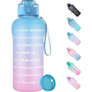 WEMEET - Borraccia da 2 l, in trifenilmetano, con filtro per frutta, indicatore del tempo e scritte in inglese, a prova di perdite, senza BPA, per campeggio, sport, palestra, picnic, blu e rosa