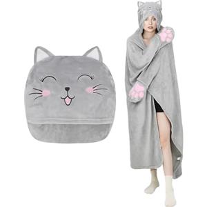 MSISILY Coperta con Maniche, Coperta Indossabile con Cappuccio Donna, Plaid con Maniche Donna Uomo, Plaid Divano 160x130cm - Grigio Gatti