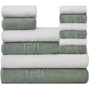 nice homeit Set di Asciugamani 12 Pezzi - Asciugamani da Bagno, Viso, Bidet, Doccia e Ospiti in 100% Cotone - Morbidi, Anti-Pilling, Super Assorbenti, Made in Italy. Bianco Verde