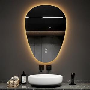 EMKE Specchio da Bagno con Illuminazione - 80 x 60 cm - Anti-Appannamento, Design Asimmetrico, 3 Colori di Luce Regolabili, Specchio LED, Interruttore Tattile, Funzione Memoria, Risparmio Energetico