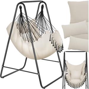tectake® Poltrona Sospesa Boho con Cuscini, Tasca Laterale, Tessuto Misto Cotone-Poliestere, Telaio in Acciaio, Capacità 160 kg, Arredamento Casa e Giardino, per Interni ed Esterni - Beige