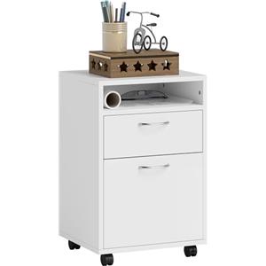 HOMCOM Cassettiera da Ufficio Portadocumenti a 4 Ruote con Ripiano Aperto e 2 Cassetti, Mobiletto da Ufficio in Legno e Metallo, 40x35x60 cm, Bianco