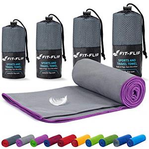 Fit-Flip Asciugamano Microfibra - Asciugamani Palestra Compatto e Ultraleggero - Il Perfetto Telo Mare Grande - ottimale per Viaggio, Sport e Piscina (70x140cm Grigio - Bordo Viola)