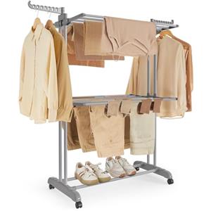 SONGMICS Stendibiancheria, Stendino Pieghevole a 3 Livelli, con Ruote e Ali Richiudibili, 63,5 x 128 x 148 cm, Capiente, Uso Interno ed Esterno, Grigio Tortora LLR702G01