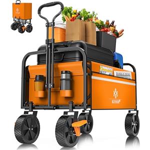 KESSER® Carrello pieghevole a mano, con 2 tasche in rete, tasca laterale e copertina, pieghevole, con pneumatici in PVC fino a 80 kg, portata carrello da giardino senza tetto, arancione