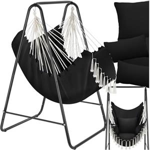 tectake® Poltrona Sospesa Boho con Cuscini, Tasca Laterale, Tessuto Misto Cotone-Poliestere, Telaio in Acciaio, Capacità 160 kg, Arredamento Casa e Giardino, per Interni ed Esterni - Nero