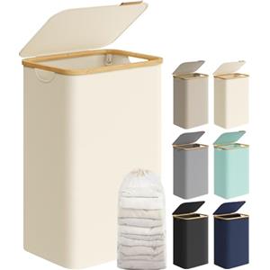 SONGMICS Cesto Portabiancheria con Coperchio, Cesta per Bucato, 90L, Salvaspazio, Sacco Rimovibile, Tessuto Oxford, Manici di Bambù, Pieghevole, 42 x 32 x 70,5 cm, Bianco Crema LCB509W01