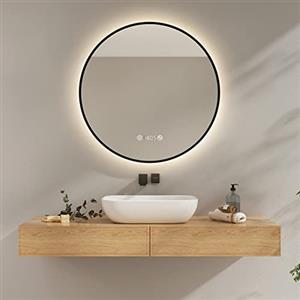 EMKE Specchio bagno tondo con luce, diametro 80cm, luce neutra, specchio bagno tondo con cornice nera, specchio bagno tondo con interruttore touch, antiappannamento, orologio, temperatura, dimmerabile
