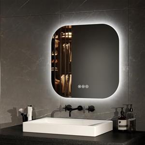 EMKE Specchio Illuminato da Bagno 50 x 50 cm, Specchio LED Quadrato Senza Cornice con 3 Pulsanti Tattici, Antivapore, Funzione Memoria, Spegnimento Automatico dopo 3 Ore, 3 Colori di Luce