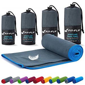 Fit-Flip Asciugamano Microfibra - Il Perfetto Telo Mare Microfibra Grande - Asciugamani Microfibra - Asciugamano Palestra Compatto e Ultraleggero (70x140cm Grigio Scuro - Bordo Blu)