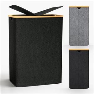 DHWDS Cesto Portabiancheria con Coperchio, 140L Portabiancheria Sporca con 2 Sacco per la Biancheria Rimovibile, Cesto Biancheria Sporca, cesta portabiancheria &Pieghevole con Manici in Bambù-Nero