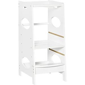HOMCOM Torre Montessoriana con Altezza Regolabile a 3 Livelli, Torre di Apprendimento per Bambini in Legno, Scaletta per Bambini Bianco