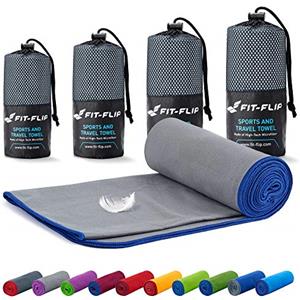 Fit-Flip Asciugamano Microfibra - Asciugamani Palestra Compatto e Ultraleggero - Il Perfetto Telo Mare Grande - ottimale per Viaggio, Sport e Piscina (40x80cm Grigio - Bordo Blu Scuro)