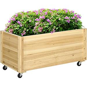 Outsunny Fioriera da Giardino con Foro di Drenaggio e Fodera di Tessuto non Tessuto, Fioriera in Legno di Abete con Rotelle, 89x48x47 cm, color Legno