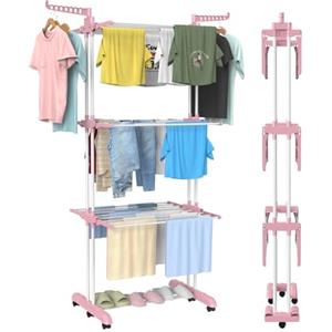 Innotic Stendino a 4 Livelli in acciaio inox, con Ruote Pieghevole Stendibiancheria Salvaspazio per uso Interno Esterno balcone, rosa+bianco