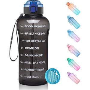 WEMEET - Borraccia da 1,5 l, in trifenilmetano, con filtro per frutta, indicatore del tempo e scritte in inglese, a prova di perdite, senza BPA, per campeggio, sport, palestra, picnic, nero