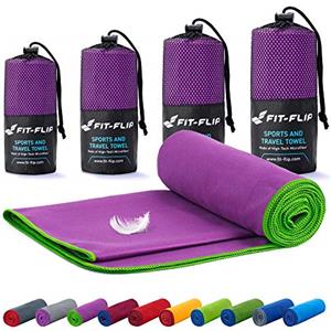 Fit-Flip Asciugamano Microfibra - Asciugamani Palestra Compatto e Ultraleggero - Il Perfetto Telo Mare Grande - ottimale per Viaggio, Sport e Piscina (40x80cm Viola - Bordo Verde)