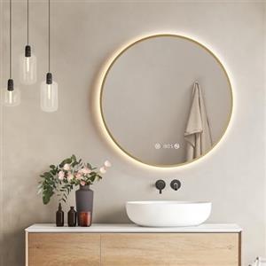 EMKE Specchio da bagno LED rotondo, ø70 cm, cornice Oro, antiappannamento, visualizzazione dell'ora e della temperatura, luce neutra, intensità regolabile, specchio da bagno con illuminazione, IP44