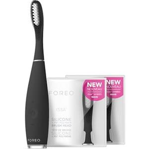 FOREO Total Oral Care ISSA 3 Bundle - Spazzolino elettrico sonico ultra igienico 4 in 1 in silicone per denti, gengive, guance e lingua + 2 testine ISSA Hybrid Wave, nero