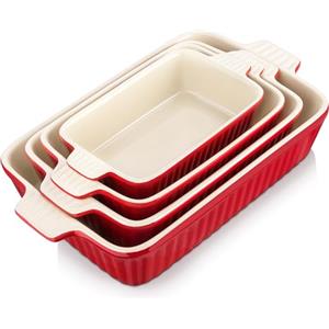 MALACASA Serie BAKE.BAKE Pirofile da Forno in Ceramica Rettangolari, Set di 4 Teglie da Forno per Lasagne Ceramica 3020, 2080, 1480, 850 ml, Casseruole da Forno Rosso