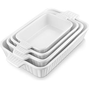 MALACASA Serie BAKE.BAKE Pirofile da Forno Rettangolari Bianche, Set di 4 Teglie da Forno in Ceramica per Lasagne in Ceramica 3020, 2080, 1480, 850 ml, Pirofila in Ceramica Antiaderenti