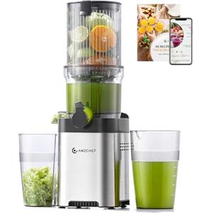 AMZCHEF 113MM Estrattore frutta e verdura - 2L estrattore a freddo Facile da Pulire - Senza Preparazione Estrattore di Frutta e Verdura Intera - Argento[Classe di efficienza energetica A+++]