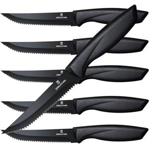 targzier Coltello da cucina professionale, set di 6 coltelli da bistecca, coltello da bistecca in acciaio inox di alta qualità, coltelli da tavola resistenti, utensili da cucina neri