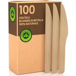 Baciato Caffè 100 Coltelli Ecologici in Legno di Betulla Monouso 100% Naturali Biodegradabili e Compostabili 100 Posate Usa e Getta