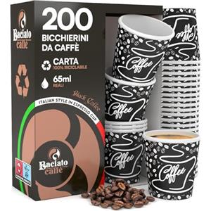 Eurocali 200 Bicchierini in Carta per caffè 65ml BlackCUP Bicchieri Ecologici Biodegradabili e Monouso Piccoli Asporto Bevande Calde