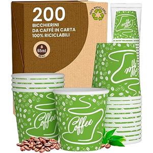 Baciato Caffè 200 Bicchierini in Carta da caffè 65ml CoffeeGreenCUP Bicchieri Ecologici Biodegradabili Monouso Piccoli Asporto Bevande Calde
