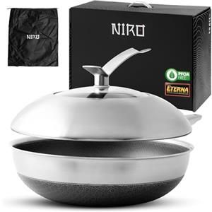 NIRO Wok Antiaderente Triplo Strato (Acciaio Inox + Alluminio) Ø28cm, COPERCHIO INCLUSO, Antigraffio, NO PFOA, Per Piano Cottura Induzione, Ceramica, Elettrico, Gas, Forno, Manico Anti Scottatura