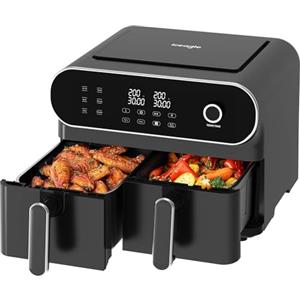 iceagle Friggitrice ad Aria Doppio Cestello - 11 Litri Friggitrice ad Aria XXL | Air Fryer, 6 in 1, LED Touch Screen, 1700 W, Ricette, Pasti Sani per una Famiglia Numerosa