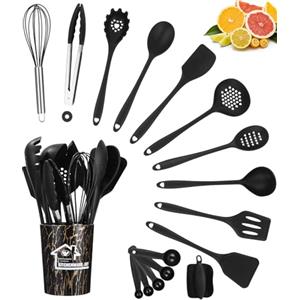SinLaw 18 Pezzi Utensili Cucina Silicone, Antiaderente resistente al calore,Set di Utensili da Cucina in Silicone,Lavabile in lavastoviglie,Set Mestoli Cucina,Accessori Cucina con contenitore(Nero)