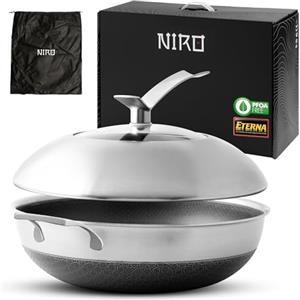 NIRO Wok Antiaderente Triplo Strato (Acciaio Inox + Alluminio) Ø36 cm, COPERCHIO INCLUSO, Antigraffio, NO PFOA, Per Piano Cottura Induzione, Ceramica, Elettrico, Gas, Forno, Manico Anti Scottatura